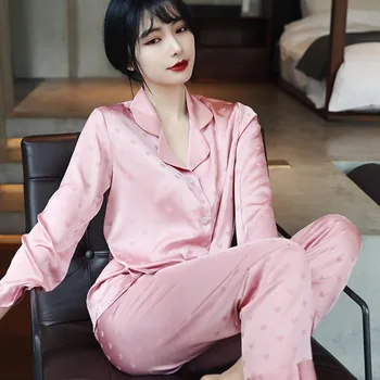 Tülin Moda İpek Pijama kadın Kıyafeti Seks Kadın Pijama Seti Kalp Baskı Turn Down Yaka Hırka Pijama Pantolon İle 15
