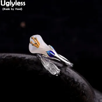 Uglyless Gerçek Doğal Yeşim gelinçiceği Yüzükler Kadınlar için Zarif Parti Elbise Açık Yüzükler Katı 925 Gümüş Çiçek Güzel Takı R960 14