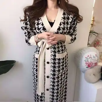 Uzun Hırka Kadın Örme Vintage Balıksırtı Kore Moda Gevşek Dantel Up Kazak Ceket Kadın Hırka Sonbahar Kış 2021 Yeni 13