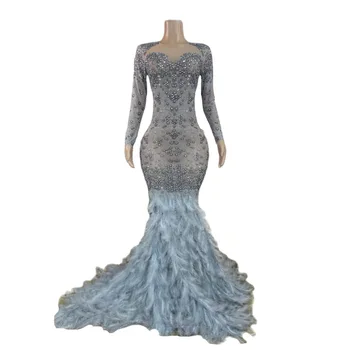 Uzun Kollu Shining Rhinestones Seksi Mavi Tüyler Mermaid Elbise Kadınlar İçin Akşam Ünlü Giyim Balo Salonu Sahne Kostüm 13