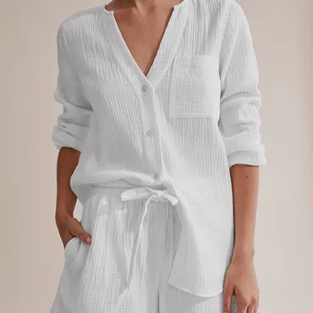 V Yaka Pijama Kadın Pamuklu Pijama 2 ADET Uyku Üst ve Şort Takım Elbise Yaz Beyaz Gecelik Loungewear Düğme aşağı Kıyafeti 19