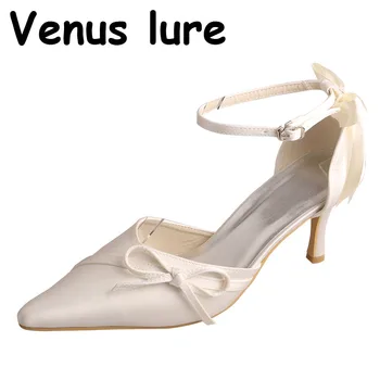 Venüs cazibesi Saten Topuklu Yay Fildişi Saten Düğün Ayakkabı Gelin Ayak Bileği Kayışı 17
