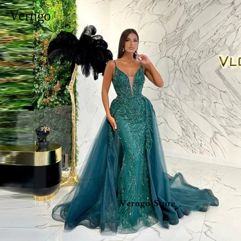 Verngo Lüks Koyu Yeşil Dantel Pullu Boncuk Mermaid Abiye Uzun Ayrılabilir Tül Tren Sevgiliye Dubai Kadınlar Balo Abiye