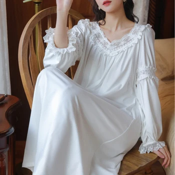 Victoria Nightgowns Pamuk Beyaz gece elbisesi Kadınlar Vintage Ruffles Tam Kollu Uzun Elbise Sabahlık Elbise Prenses Pijama 22