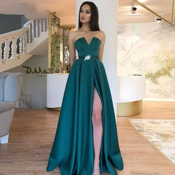 Vinca Güneşli Basit Yeşil Saten Abiye Seksi Yüksek bölünmüş Balo elbisesi Kolsuz V Yaka Resmi Prenses Parti Elbise Artı Boyutu 19