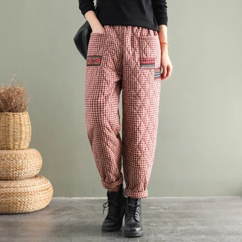 Vintage harem pantolon Kış Kadın Kapitone Kalınlaşmış Sıcak Baggy Artı Boyutu pamuklu pantolon Sonbahar Retro Elmas Etnik Tarzı Pantolon 12