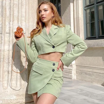 Vintage Kadınlar Yeşil Etek Takım Elbise 2021 Yaz Moda Bayanlar İnce Yüksek Bel Blazer Takım Elbise Streetwear Kızlar Şık İki Parçalı Set 2