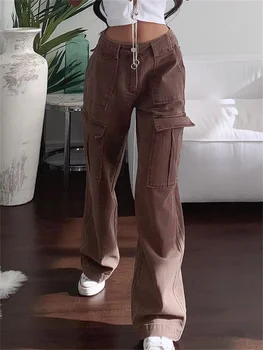 Vintage Sokak Stili Kahverengi Büyük Cep İnce Düz Kot kadın Bahar 2022 kadın Giyim Düşük Rise Kot Kadın Yüksek Bel Yk2 20