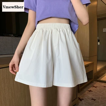 VmewSher Yeni Vintage Yaz Kadın Şort Düz Elastik Yüksek Bel Siyah Beyaz Kadın Casual Katı Kısa Geniş Bacak Pantolon Moda 12