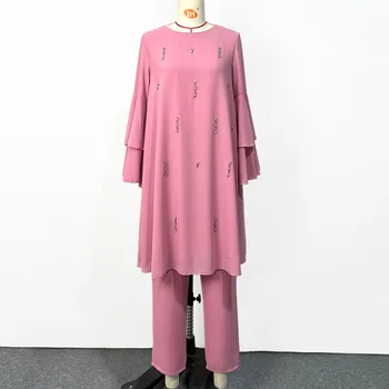 Wepbel Lotus Yaprağı Kollu Bluz Üstleri Rahat Pantolon Pembe Müslüman Setleri Kadın Elmas Arap Elbise Ramazan 2 Parça Setleri İslam Kıyafetler 14