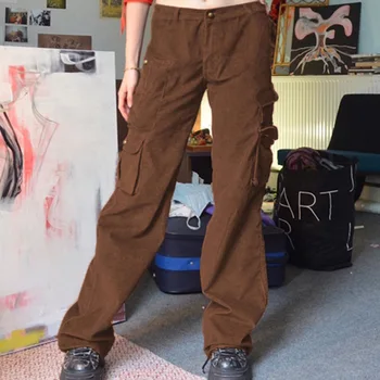 WeıYao Kadife Kargo pantolon Kadın Vintage Estetik Kahverengi Düz Baggy Pantolon Cep Patchwork Düşük Bel Streetwear Alt 16