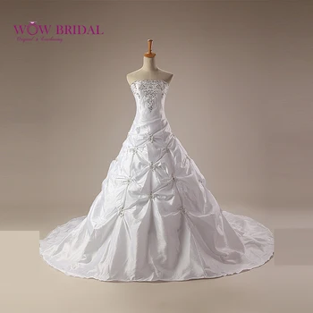 Wowbridal Zarif Beyaz düğün elbisesi 2021 Straplez Pullu Nakış Boncuklu Lace Up Kristal Plise Saten Mahkemesi Tren Balo 15