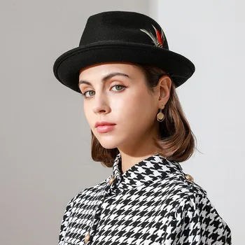 X4026 Yetişkin Yün fötr şapkalar Nötr Moda Tüy Üst Yün Şapka Kapaklar Kadın Retro Caz Kapaklar Ayarlanabilir Boyutu Fedora Şapka Kadın 8
