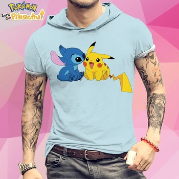 Y2k Pikachu Kapşonlu Gömlek Kısa Kollu erkek tişört Anime Pokemon T-Shirt Trend Yeni Hip Hop 2022 3XL Pokemon T-Shirt Giyim 3