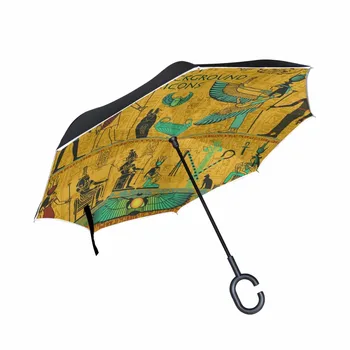 Yaratıcı Mısır Desen Rüzgar Geçirmez Yağmur Ters Şemsiye Kadın Çift Katmanlı Ters C-Kanca Eller Kendini Standı Şemsiye Araba İçin 23