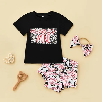 Yaz Bebek Kız kısa kollu tişört Elastik Bel Mektuplar Baskı Şort İlmek Hairband 3 adet Giyim Seti 9