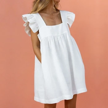 Yaz Gevşek Plaj Elbise Zarif Kollu Fırfır Mini Elbise Beyaz Sarı Rahat Kare Yaka Parti Elbise Kadın Cep Vestidos 8