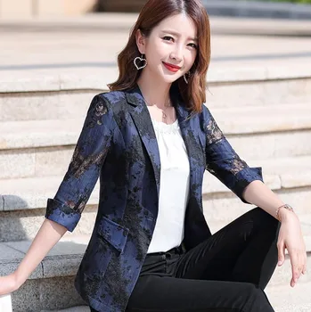 Yaz Kadın Blazer Dantel Baskı Mizaç İnce Takım Elbise Bir Düğme Çentikli Ofis Bayan Siyah Beyaz Pembe Mavi Blazers 3xl 17
