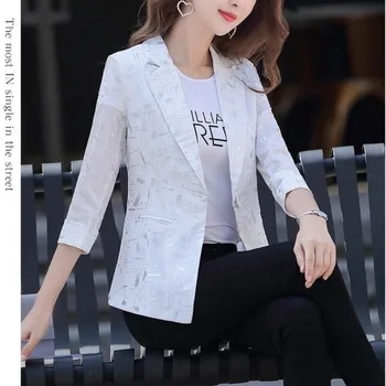 Yaz Kadın Moda Geometrik Çentikli Blazers Kadınlar İçin Resmi Tek Düğme Üç Çeyrek Kollu Beyaz Blazer 3xl 6