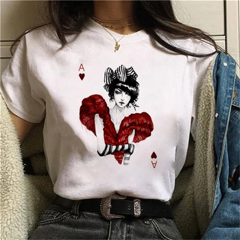 Yaz Retro 90s Üstleri Rahat POKER baskılı tişört T Shirt Kısa Kollu O-boyun Kadın Harajuku Sevimli Tee 6