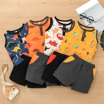 Yaz Setleri Toddler Bebek Erkek Kız Kolsuz Karikatür Dinozor Baskılı Yelek Üstleri + Şort Rahat 2 ADET Kıyafetler комплекты одегды 8