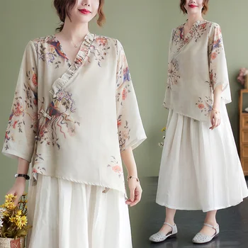 Yaz Ulusal Pamuk Keten Gömlek Kadın Düzensiz Zarif Hanfu Bluz Geleneksel Vintage Tang Takım Elbise Çin Tarzı Gevşek Üstleri 3