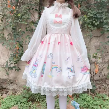 Yaz Vintage sevimli kadın öğrenci dikiş renk unicorn yay küçük taze kolsuz elbise sevimli Lolita elbise Kawaii dantel  23