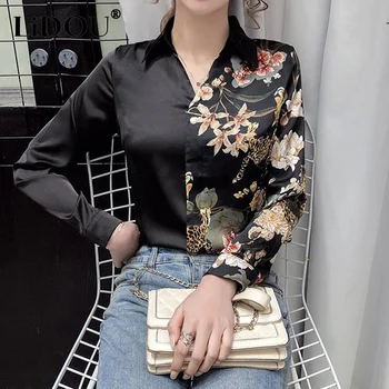Yaz Yeni Rahat Moda Çiçek baskılı şifon bluz Femme Uzun Kollu Polo Yaka Zarif Gömlek Üst kadın giyim Blusa Mujer