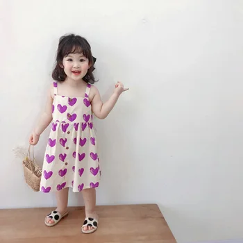 Yaz Yeni Stil Bebek Kız Peri Askı Elbise Prenses Kız Kalp Desen Rahat Pamuk Kollu Sling Elbiseler