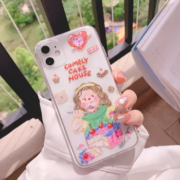 Yağlıboya Sevimli Kek Kız Karikatür Ayı Aşk Kalp Telefon kılıfı için iPhone 14 13 11 12 Pro Max XR Mini X XS Şeffaf Silikon Kapak