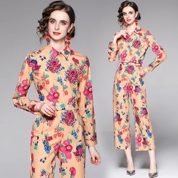 Yeni 2021 Uzun Kollu Kadın Pantolon Setleri Lüks Tasarımcı Gömlek + Pantolon İlkbahar Sonbahar Resort Parti OL Retro Çiçek İki Parça Takım Elbise