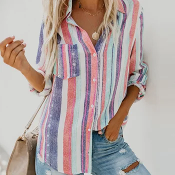 Yeni Bahar Sonbahar Ofis Bayan Basit Bluz Kadınlar Casual Düğme Uzun Kollu Gömlek Streetwear Çizgili Vintage Bluz Ve Gömlek 4