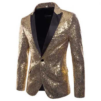 Yeni Erkek Şık Altın Renkli Çift Renkli Sequins Bling Blazer Gece Kulübü Bar Sahne Şarkıcı Kostüm Düğün Damat Takım Elbise Ceket 22