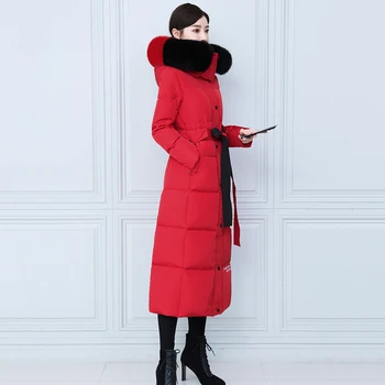 Yeni Kadın Kış Uzun Kalınlaşmak sıcak uzun kaban Rahat Moda İki Renkli Ayrılabilir Gerçek Tilki Kürk Yaka Kemer ince uzun kaban 7