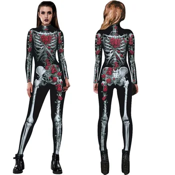 Yeni Kadın Seksi Bodysuits Cadılar Bayramı Kostümleri Kadınlar İçin 3D Kafatası Gül Baskı Tulumlar Punky Geri Yoga Ölü 11
