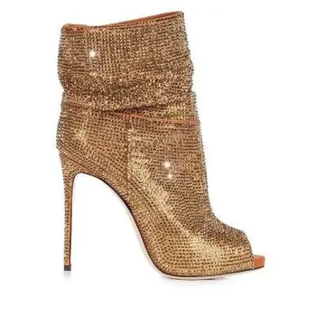 Yeni Moda Kadınlar Altın Elmas Bling Çizme Seksi Dantel Stiletto Yüksek Topuklu 10CM Ayakkabı Bayan Toka Kayış Seksi Ayak Bileği Peep Toe Çizmeler 19