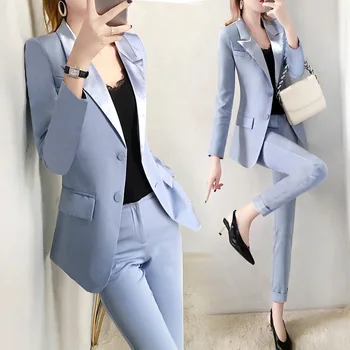 yeni Ofis Bayan profesyonel takım elbise setleri kadın mavi Blazer Ceket pantolon takım elbise bahar moda İnce takım elbise ve kalem pantolon iki parçalı 3
