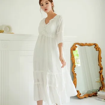 Yeni Pamuk Jakarlı Nightgowns Beyaz Uzun V Yaka Dantel Peri Gecelik Üç Çeyrek Pijama Kadın Seksi gece elbisesi Uyku Tops 23
