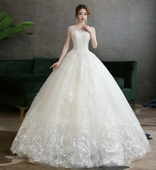Yeni Sevgiliye Zarif Dantel düğün elbisesi Boncuk Aplikler Kat Uzunluk Nakış Kadın gelin kıyafeti Vestido De Noiva 15