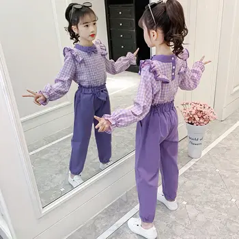 Yeni Sonbahar Çocuk Giysileri Takım Elbise Ekose Gömlek + Pantolon Setleri Kızlar için Rahat Büyük Kız Elbise Yaz Çocuklar 2 Parça Eşofman J78 9