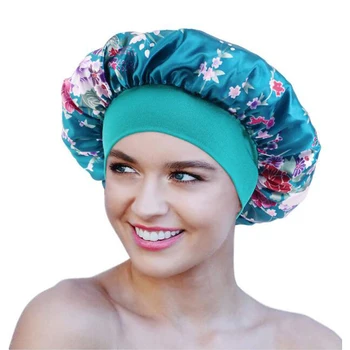 Yeni Stil Bayanlar Saten Baskılı Elastik Geniş kenarlı Yuvarlak Şapka Yıkama Duş Başlığı Simülasyon İpek Gece Kap Saç Bakımı Kap 20