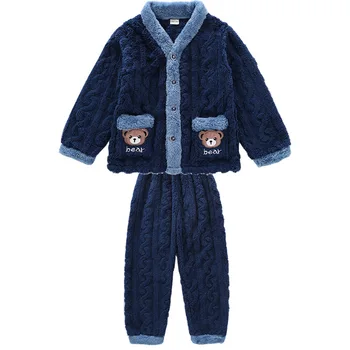 Yeni Varış Erkek Pijama Seti Pazen Sıcak Tek Göğüslü Pijama Kış Çocuk Gecelik Takım Elbise Ceket ve Pantolon İki Parçalı Setleri 22