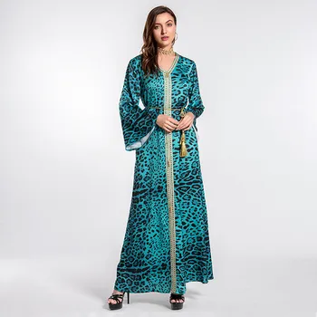 Yeni Varış kadın uzun elbise müslüman uzun elbise Moda Leopar Baskı Saten Elbise Orta Doğu Arap Hindistan Kaftan İslam Ropa Djellaba