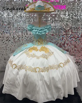 Yeni Varış Meksika Balo Quinceanera Elbiseler 2023 Kapalı Omuz Ruffles Nakış Tatlı 16 Elbise 9