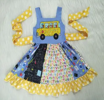 yeni varış okul otobüsü elbise bebek kız sevimli noktalı mektubu desen elbiseler kız okula geri frocks
