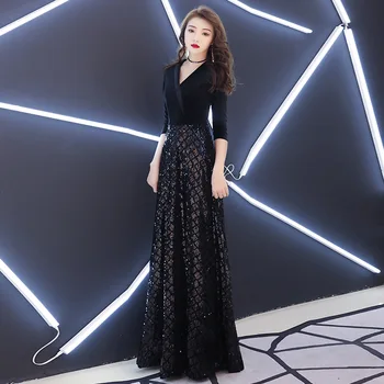 Yeni Vintage Akşam Elbise Siyah Tül Yarım Kollu Seksi V Yaka A-Line Uzun Balo Parti Törenlerinde Kadınlar için Özel Artı Boyutları 18