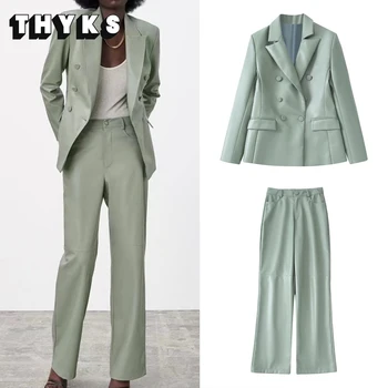 Yeni Yeşil Suni Deri Blazer PU Pantolon 2 Parça Set Pantolon Takım Elbise Ofis Bayan Vintage Casual Ceket Streetwear PU Ceket ZA 2022