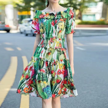 Yeni YÜKSEK SOKAK Moda 2021 Tasarımcı Pist Elbise kadın Slash boyun Petal Kollu Örtü Ruffles Çiçek Baskı elbise 13