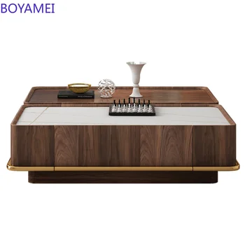 Yeni Çin siyah ceviz tam katı ahşap çay masası modern minimalist küçük ev mermer kare çay masası kombinasyonu