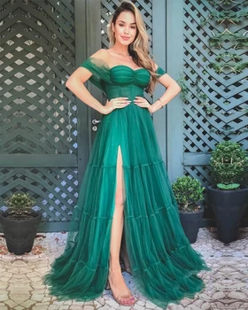 Yeşil Akşam Parti Elbiseler mujer Zümrüt Yarık İle Kapalı--Omuz Yaka etek boyu Katman Vestido Elegantes para Balo Önlük 23